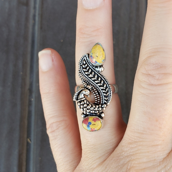 New Mosaic Jasper 925 Silver Peacock Ring. - Picture 11 of 14